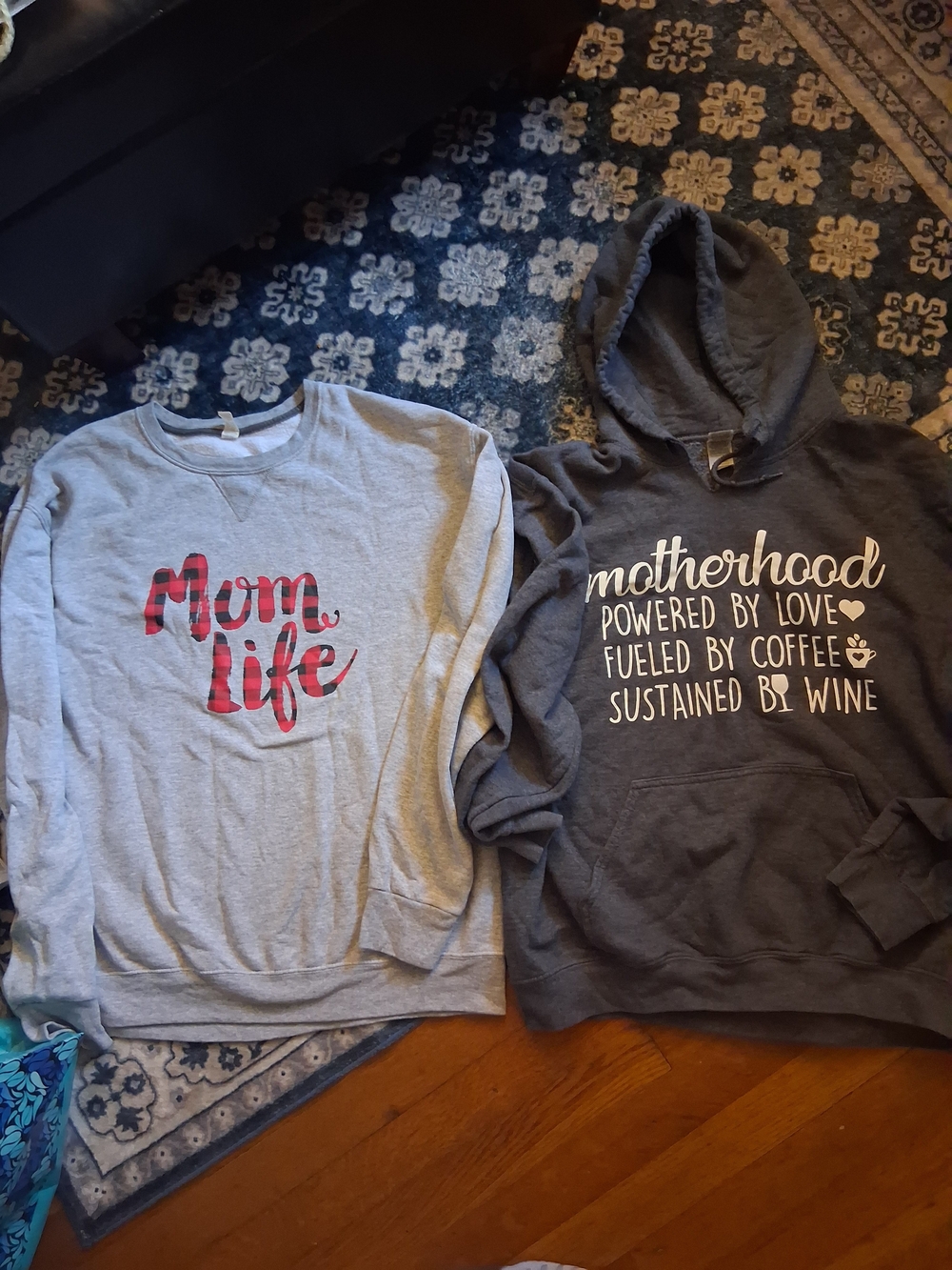 Mom Life Plaid Graphic Sweatshirt & Motherhood Slogan Hoodie Duo